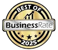 Gold and black "Best of BusinessRate 2025" badge with a rising chart icon and five stars at the bottom.