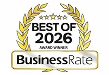 Gold laurel wreath with five stars, text reads "Best of 2026 Award Winner, BusinessRate" in black and gold on a white background.