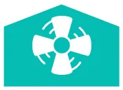 White exhaust fan icon centered inside a teal house-shaped background.