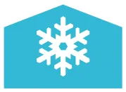 A white snowflake icon centered on a blue, house-shaped background.