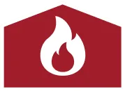A white flame icon centered on a red, house-shaped background.
