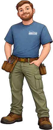 Illustration of a man with short brown hair and beard, wearing a blue shirt, khaki cargo pants, utility belt with tools, and brown boots, standing with one hand in his pocket.