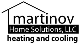 Logo for Martinov Home Solutions, LLC, specializing in heating and cooling services. The text is styled with a house roof outline above "martinov.