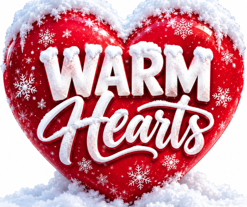 A red heart dusted with snow, displaying the text “WARM Hearts” with snowflakes in the background.