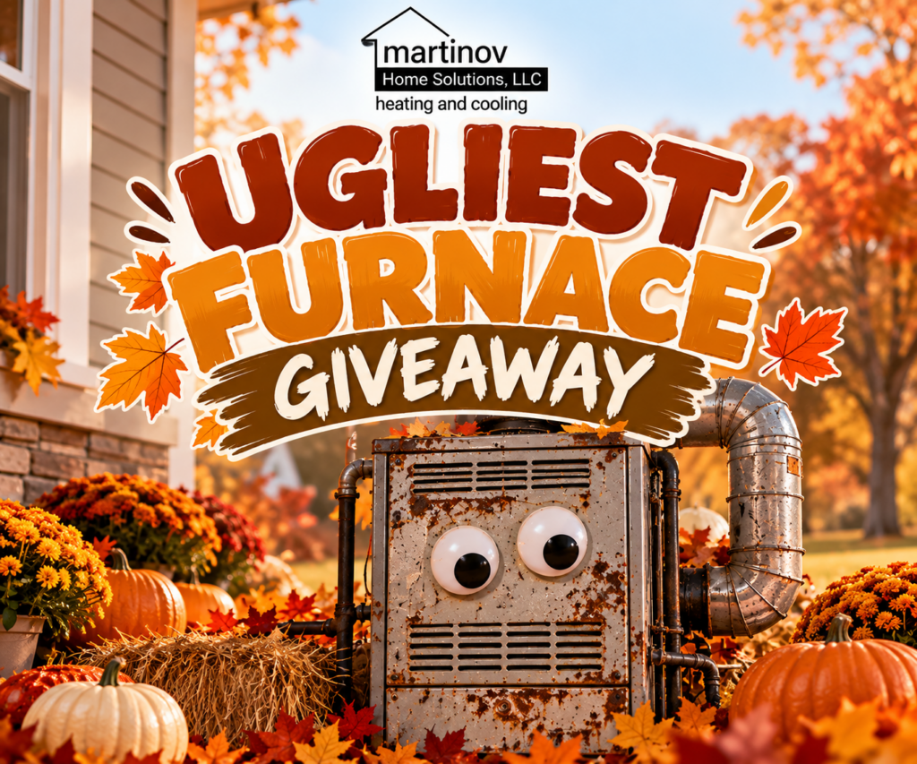 An old, rusty furnace with googly eyes sits among pumpkins and autumn leaves, advertising the Martinov Home Solutions “Ugliest Furnace Giveaway.”